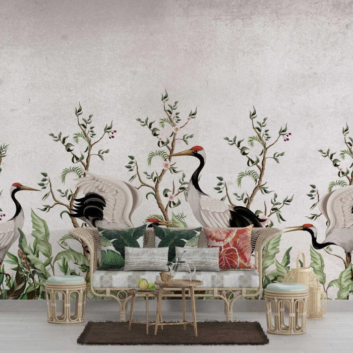 Crane Bird Wallpaper: Bohemian Nature Mural, Peel and Stick