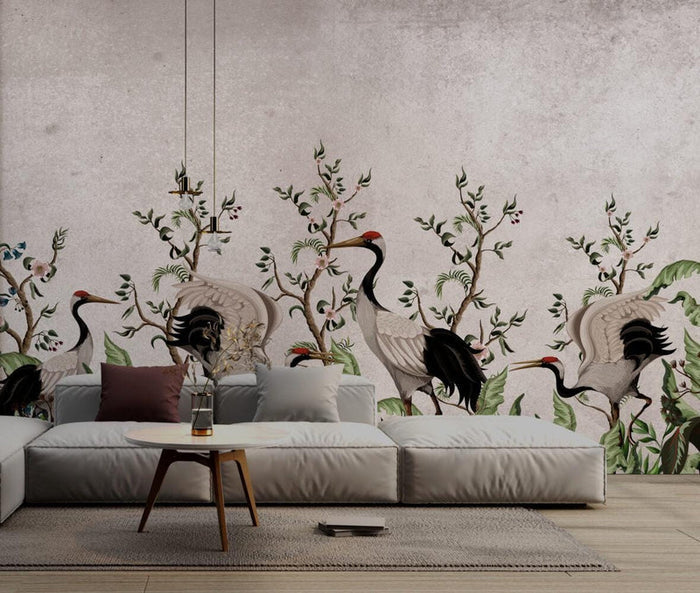 Crane Bird Wallpaper: Bohemian Nature Mural, Peel and Stick
