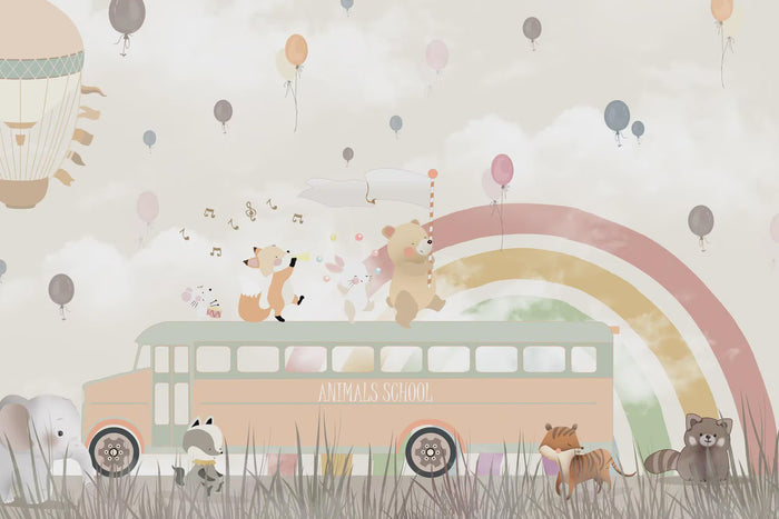Cute Fox Bear Wallpaper, School Bus Rainbow Decor