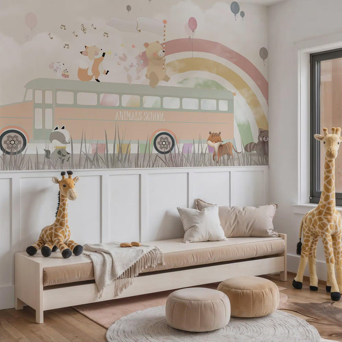 Cute Fox Bear Wallpaper, School Bus Rainbow Decor