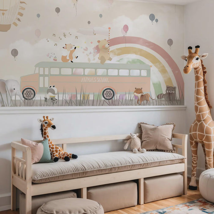 Cute Fox Bear Wallpaper, School Bus Rainbow Decor