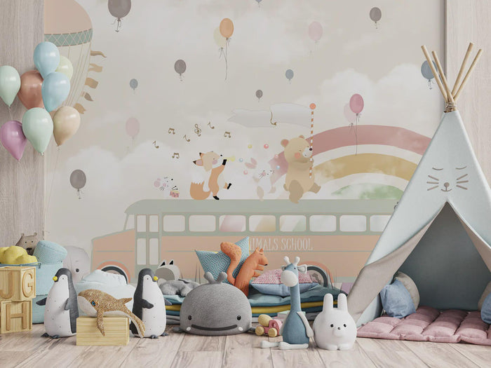 Cute Fox Bear Wallpaper, School Bus Rainbow Decor