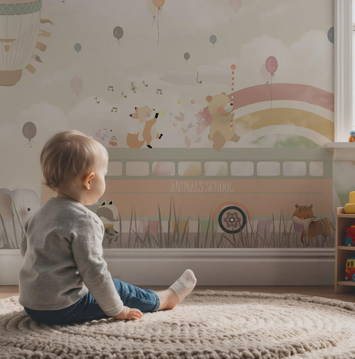 Cute Fox Bear Wallpaper, School Bus Rainbow Decor