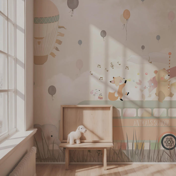 Cute Fox Bear Wallpaper, School Bus Rainbow Decor