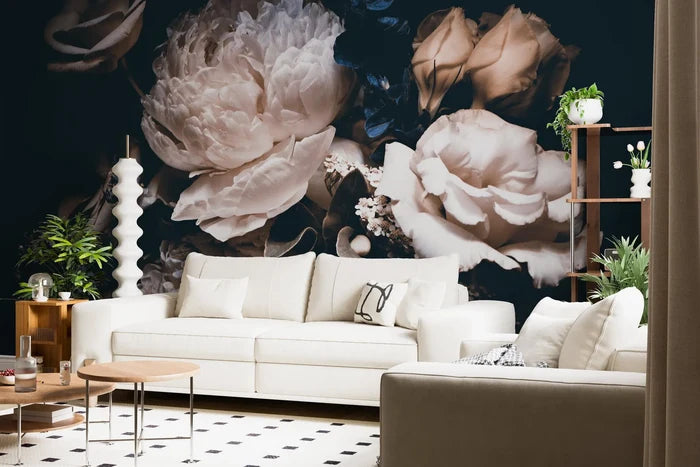 Dark Floral Wallpaper: Peonies and Roses on Black, Peel & Stick Mural