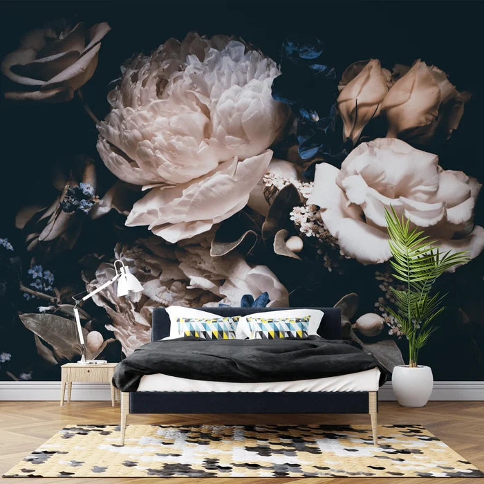 Dark Floral Wallpaper: Peonies and Roses on Black, Peel & Stick Mural