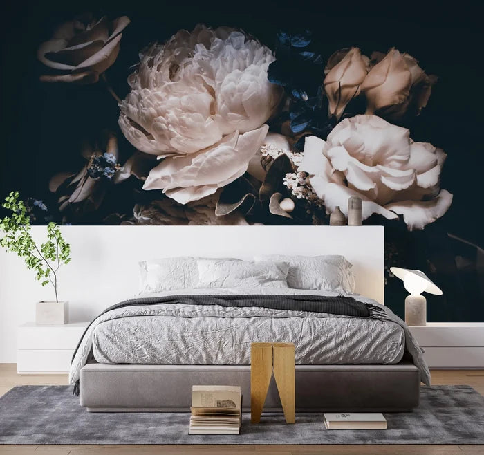 Dark Floral Wallpaper: Peonies and Roses on Black, Peel & Stick Mural