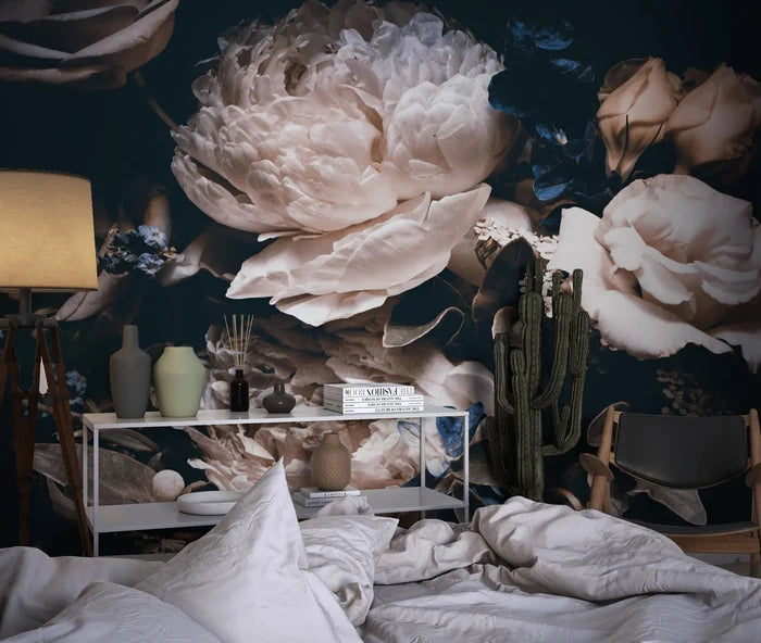Dark Floral Wallpaper: Peonies and Roses on Black, Peel & Stick Mural