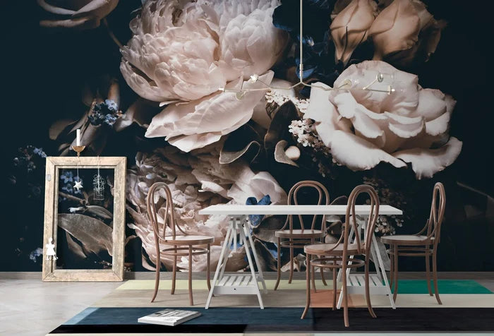 Dark Floral Wallpaper: Peonies and Roses on Black, Peel & Stick Mural