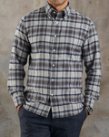 Model wearing custom check shirts for men by Luxire dark grey and navy