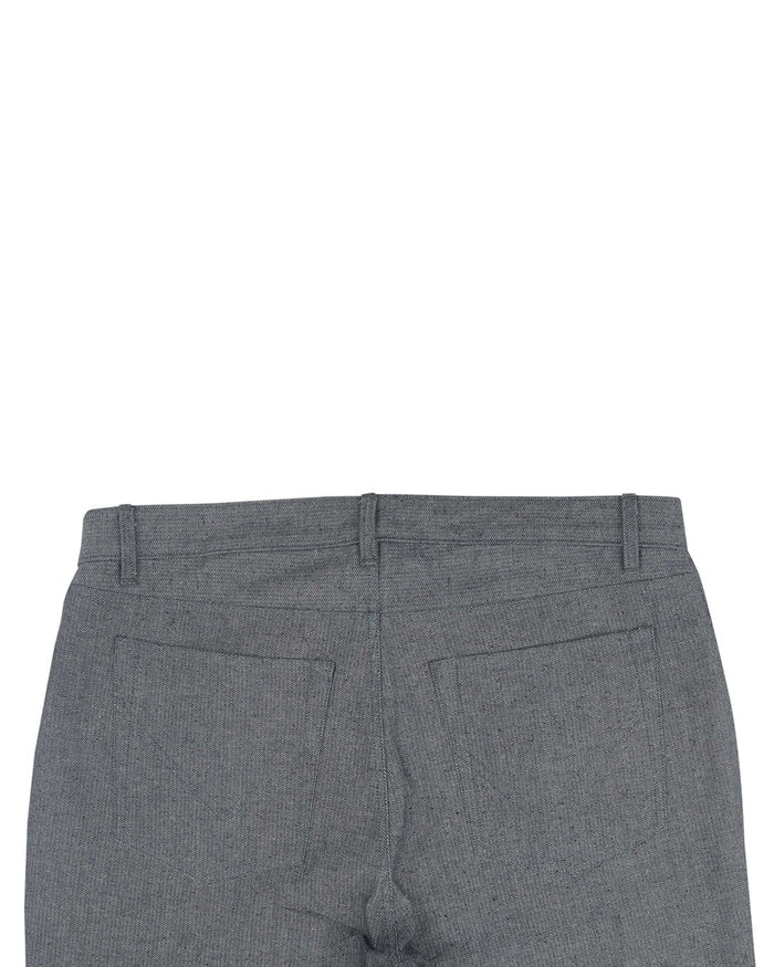 Back view of custom broken slub jeans for men by Luxire in navy grey