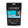 Black pack of Duck Gourmet Sausages 150g, rich in duck protein with a dog image, dried sausages visible inside.