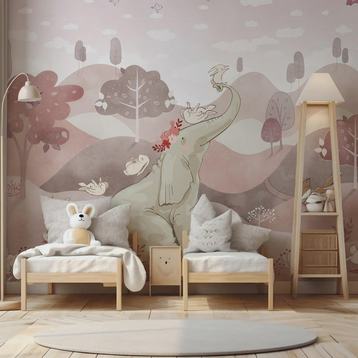 Elephant & Friends Wallpaper Mural, Kids Room Decor