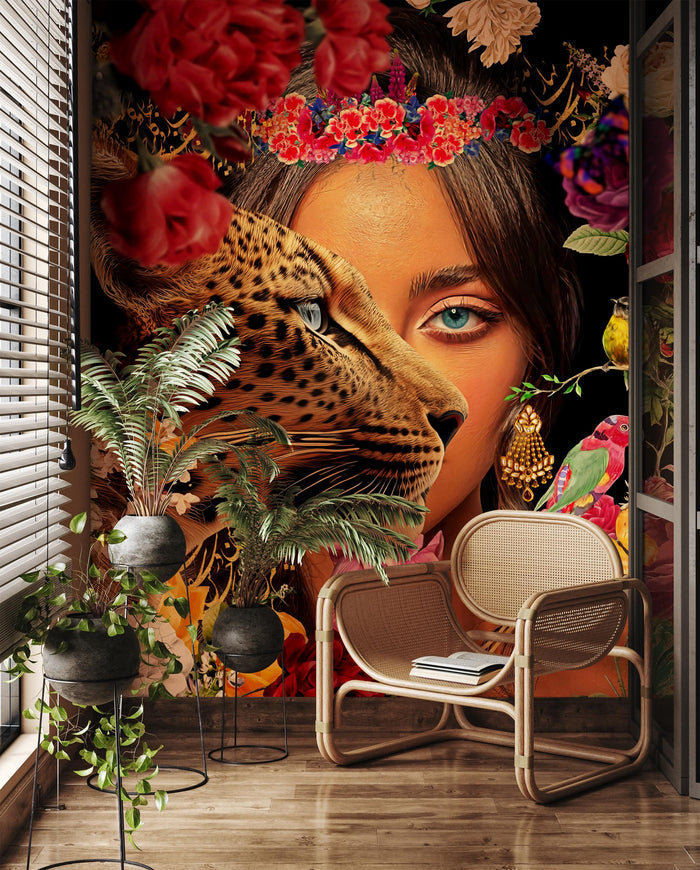 Exotic Tiger Woman Wallpaper Mural: Peel and Stick Nature Art