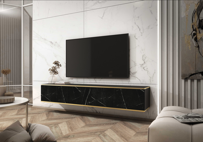 Floating TV Stand ORO 175 black marbleTV Stand ORO 175 Depth: 32cmWidth: 175cmHeight: 30cmA modern tv table is a practical and elegant piece of furniture, a perfect for people who looking for functional furniture for a modern interior.The simple design gu