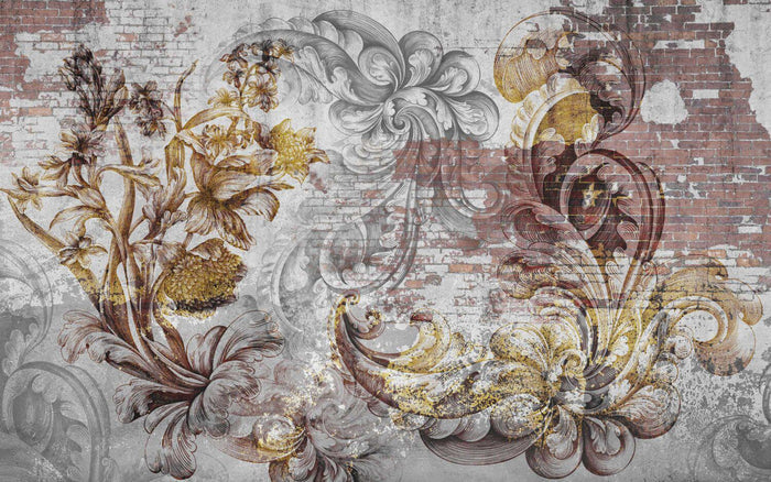 Floral Brick Wall Mural: Dark Gray Peel and Stick Wallpaper