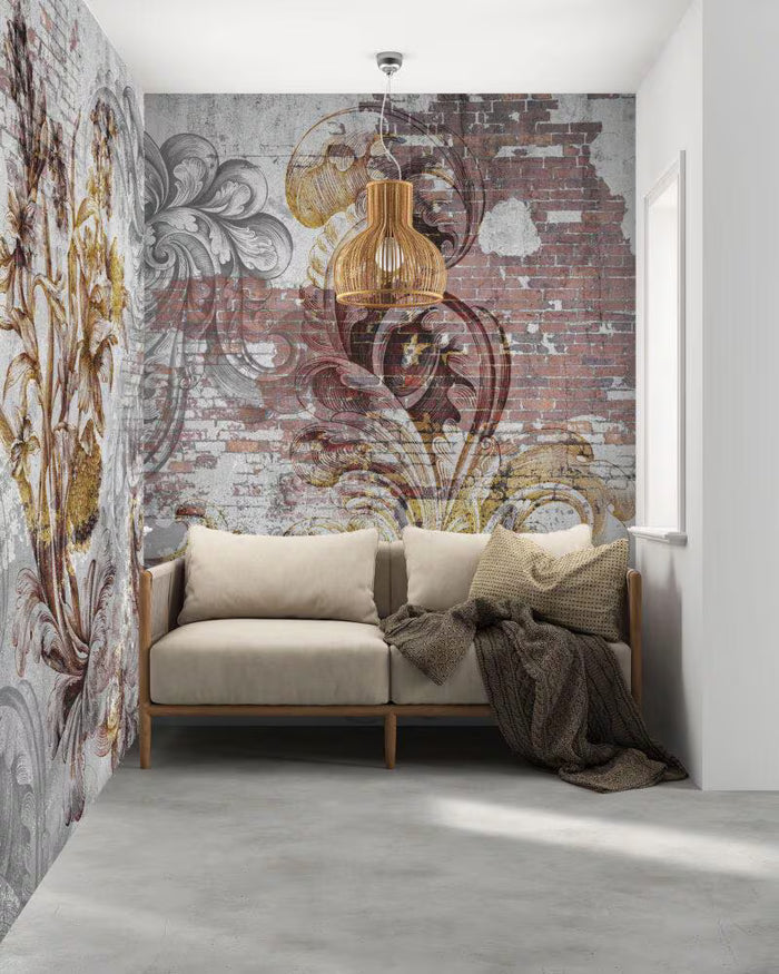 Floral Brick Wall Mural: Dark Gray Peel and Stick Wallpaper