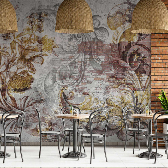Floral Brick Wall Mural: Dark Gray Peel and Stick Wallpaper