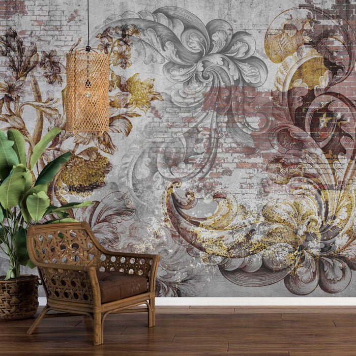 Floral Brick Wall Mural: Dark Gray Peel and Stick Wallpaper
