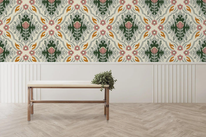 Floral Checkered Peel and Stick Wallpaper: Scandinavian Botanical Wall Mural