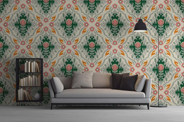 Floral Checkered Peel and Stick Wallpaper: Scandinavian Botanical Wall Mural