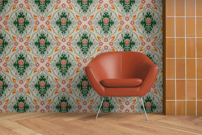 Floral Checkered Peel and Stick Wallpaper: Scandinavian Botanical Wall Mural