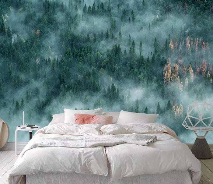 Foggy Forest Wallpaper Mural: Peel and Stick Green Trees Wall Art