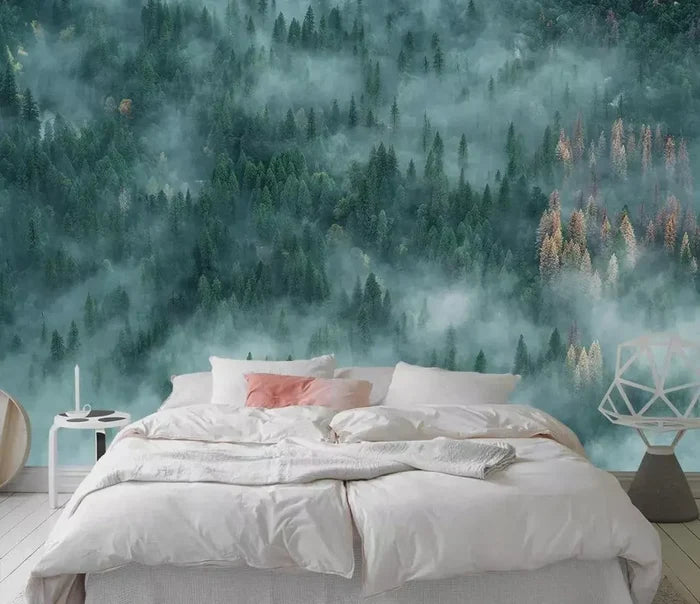 Foggy Forest Wallpaper Mural: Peel and Stick Green Trees Wall Art