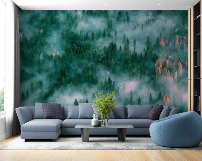 Foggy Forest Wallpaper Mural: Peel and Stick Green Trees Wall Art