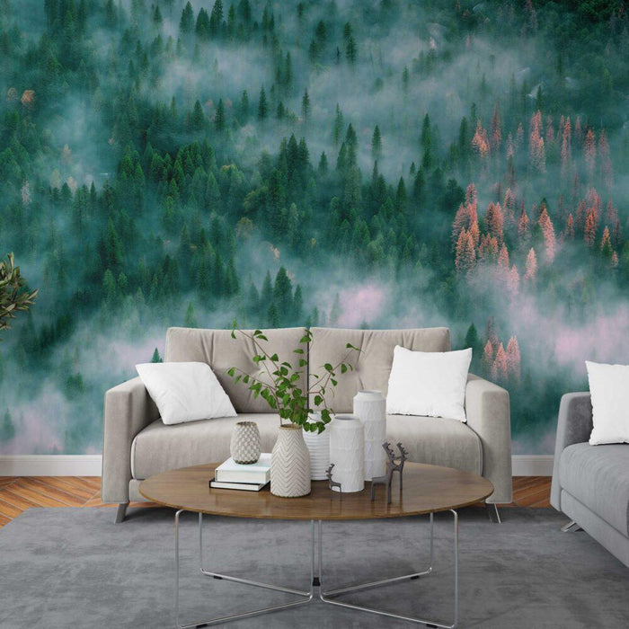 Foggy Forest Wallpaper Mural: Peel and Stick Green Trees Wall Art