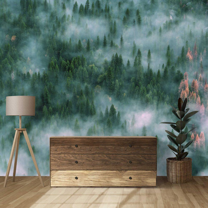Foggy Forest Wallpaper Mural: Peel and Stick Green Trees Wall Art