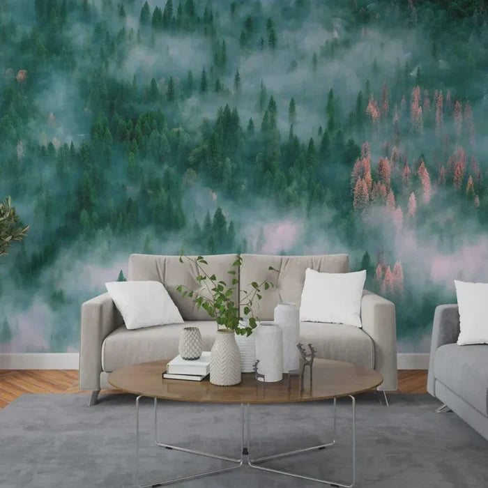 Foggy Forest Wallpaper Mural: Peel and Stick Green Trees Wall Art