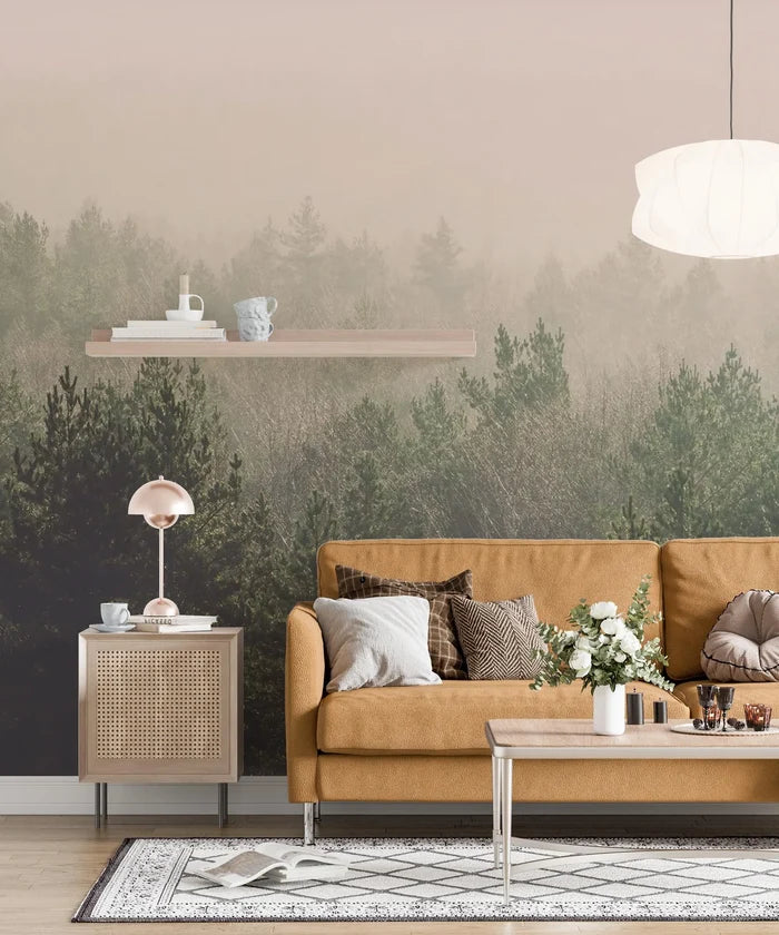 Foggy Pine Tree Mural: Watercolor Landscape Wallpaper (Peel & Stick)