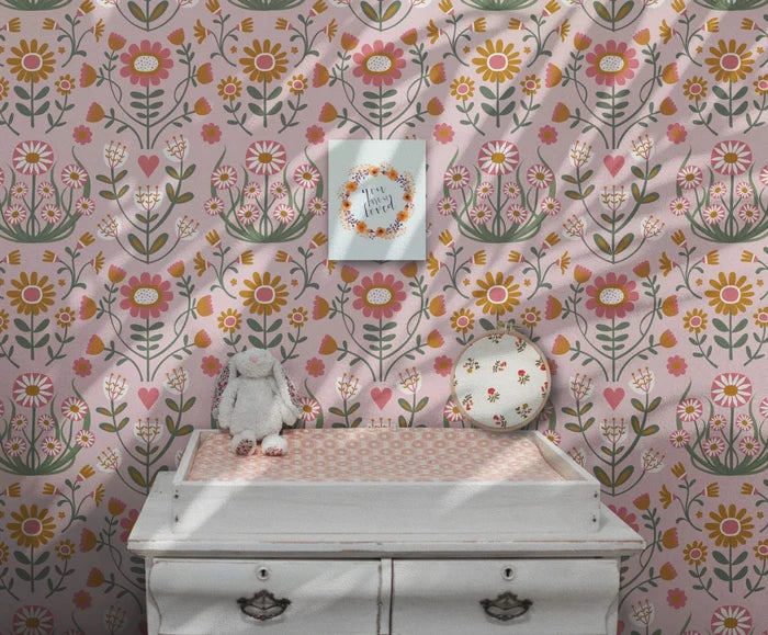 Folk Floral Peel and Stick Wallpaper: Scandinavian Wall Mural