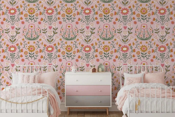 Folk Floral Peel and Stick Wallpaper: Scandinavian Wall Mural