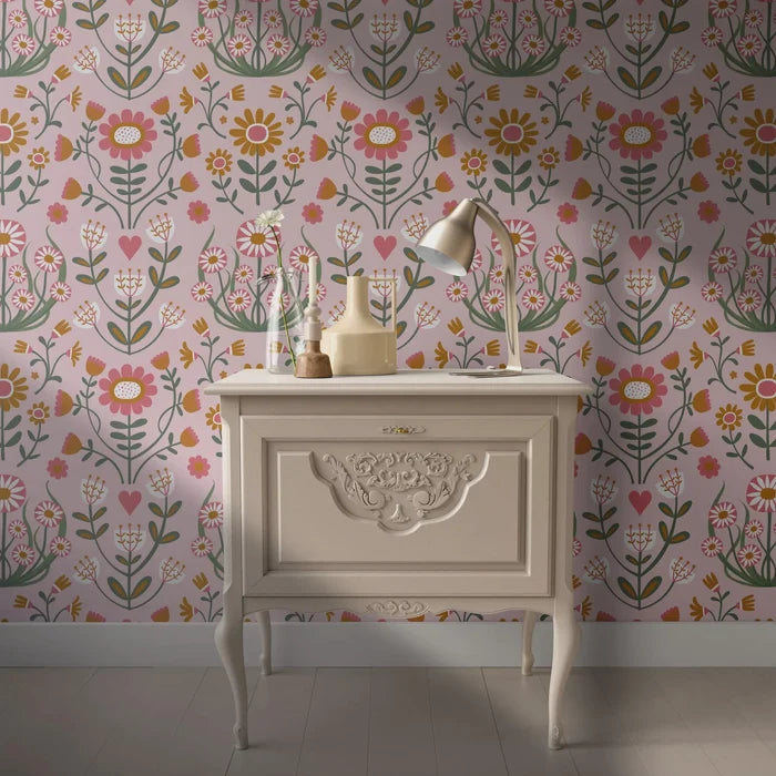 Folk Floral Peel and Stick Wallpaper: Scandinavian Wall Mural
