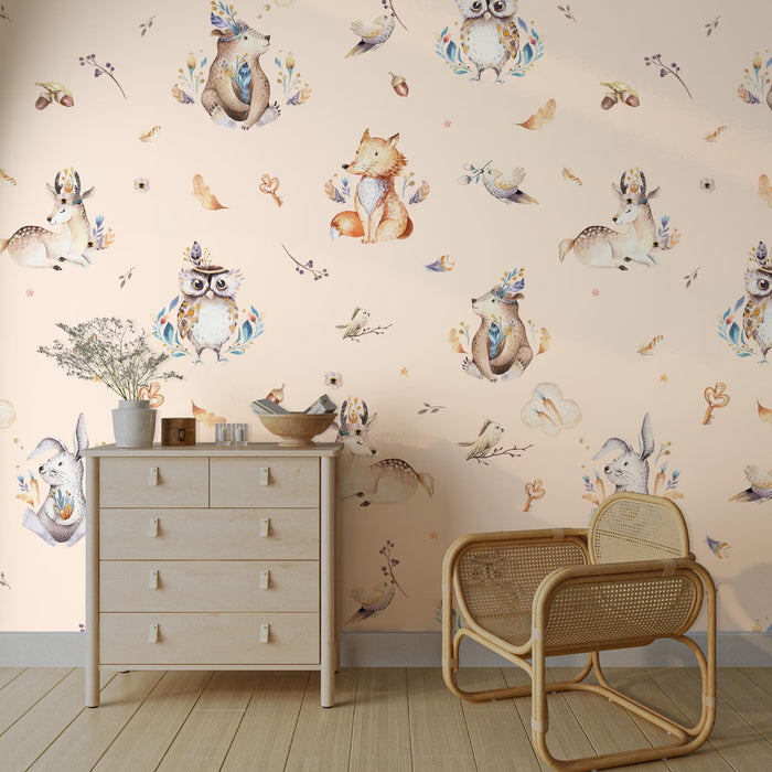 Forest Animals Nursery Wallpaper: Fox, Owl, Birds Mural (Peel & Stick)