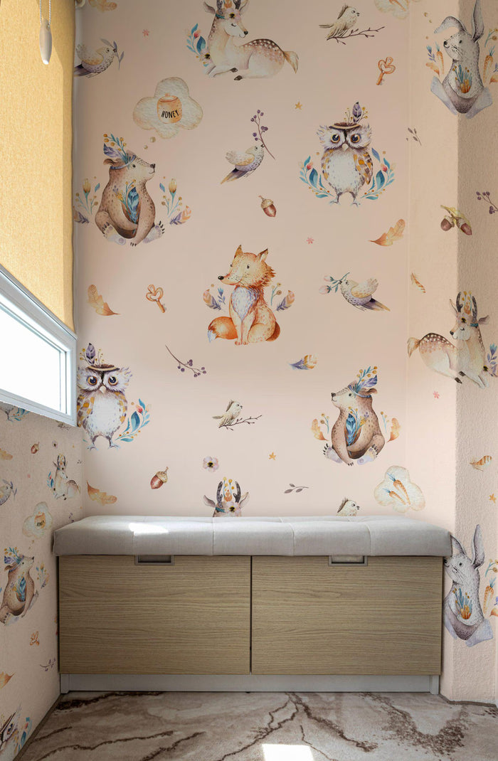 Forest Animals Nursery Wallpaper: Fox, Owl, Birds Mural (Peel & Stick)