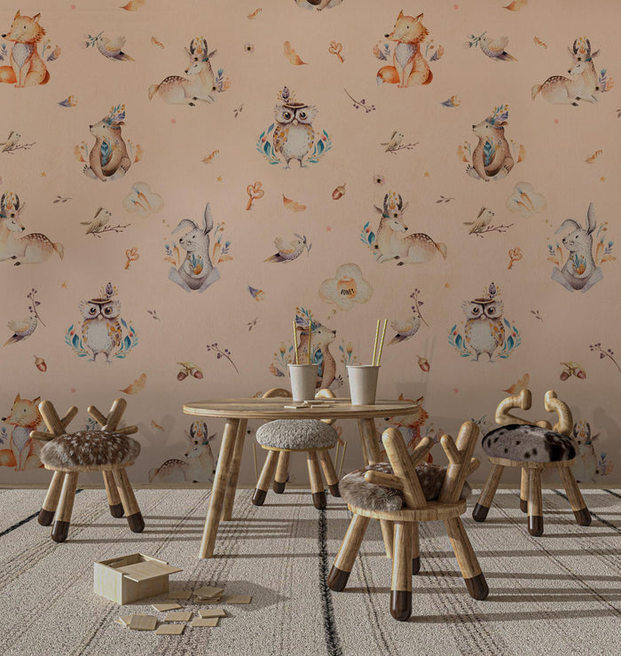 Forest Animals Nursery Wallpaper: Fox, Owl, Birds Mural (Peel & Stick)
