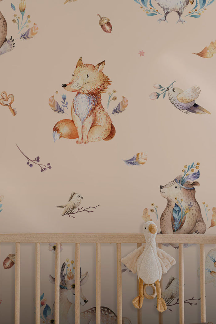 Forest Animals Nursery Wallpaper: Fox, Owl, Birds Mural (Peel & Stick)