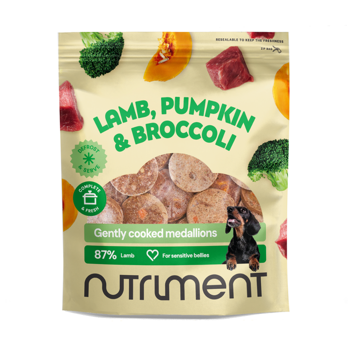 A bag of Fresh Medallions - Lamb 800g gently cooked dog food.
