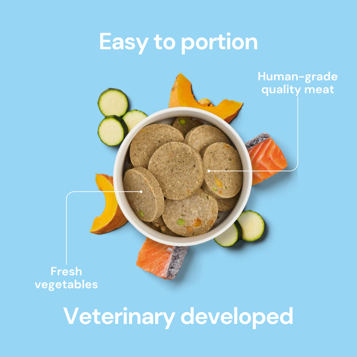 Fresh Medallions - Salmon 800g with squash and zucchini; labeled benefits on blue background.