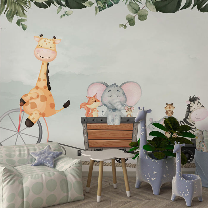 Giraffe on Bicycle Wallpaper: Animal Friends Peel and Stick Wall Mural