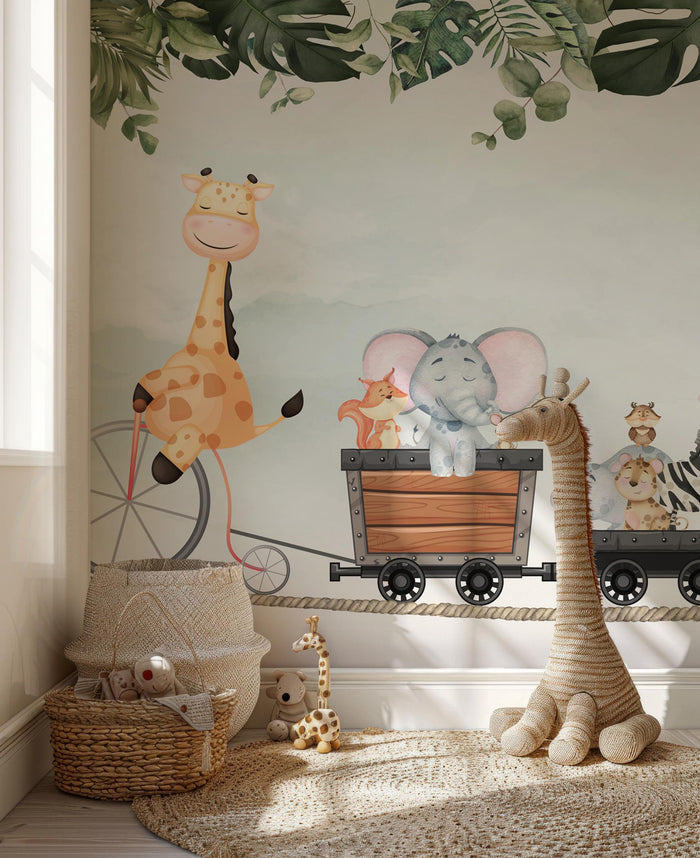 Giraffe on Bicycle Wallpaper: Animal Friends Peel and Stick Wall Mural