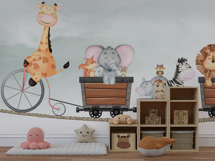 Giraffe on Bicycle Wallpaper: Animal Friends Peel and Stick Wall Mural