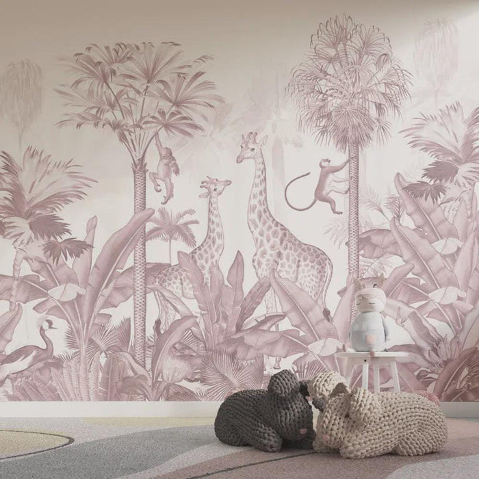 Giraffes and Tropical Forest Animals Pink Wallpaper - Girl Nursery Decor - Peel and Stick