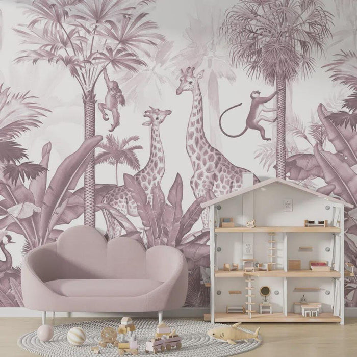 Giraffes and Tropical Forest Animals Pink Wallpaper - Girl Nursery Decor - Peel and Stick