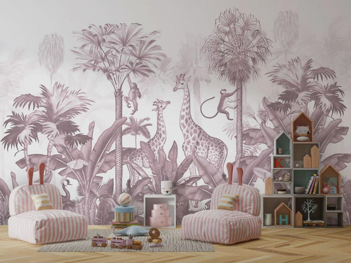 Giraffes and Tropical Forest Animals Pink Wallpaper - Girl Nursery Decor - Peel and Stick