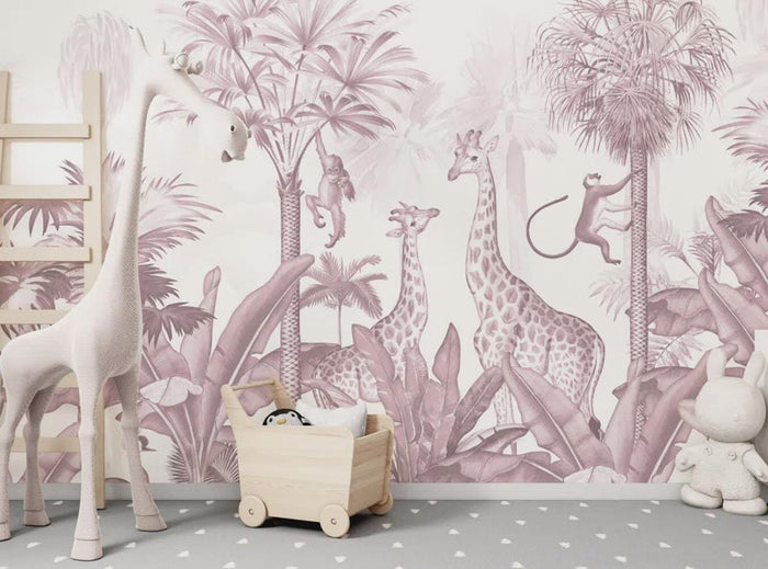 Giraffes and Tropical Forest Animals Pink Wallpaper - Girl Nursery Decor - Peel and Stick