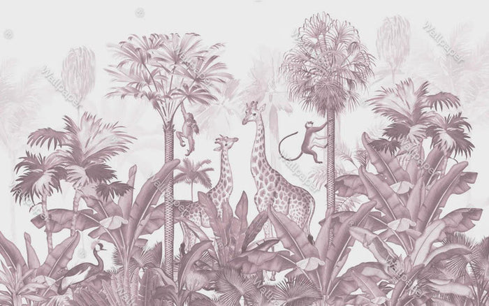 Giraffes and Tropical Forest Animals Pink Wallpaper - Girl Nursery Decor - Peel and Stick